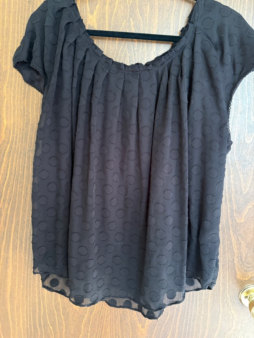 LC Lauren Conrad Black Short-Sleeve Blouse with Textured Dot Pattern
